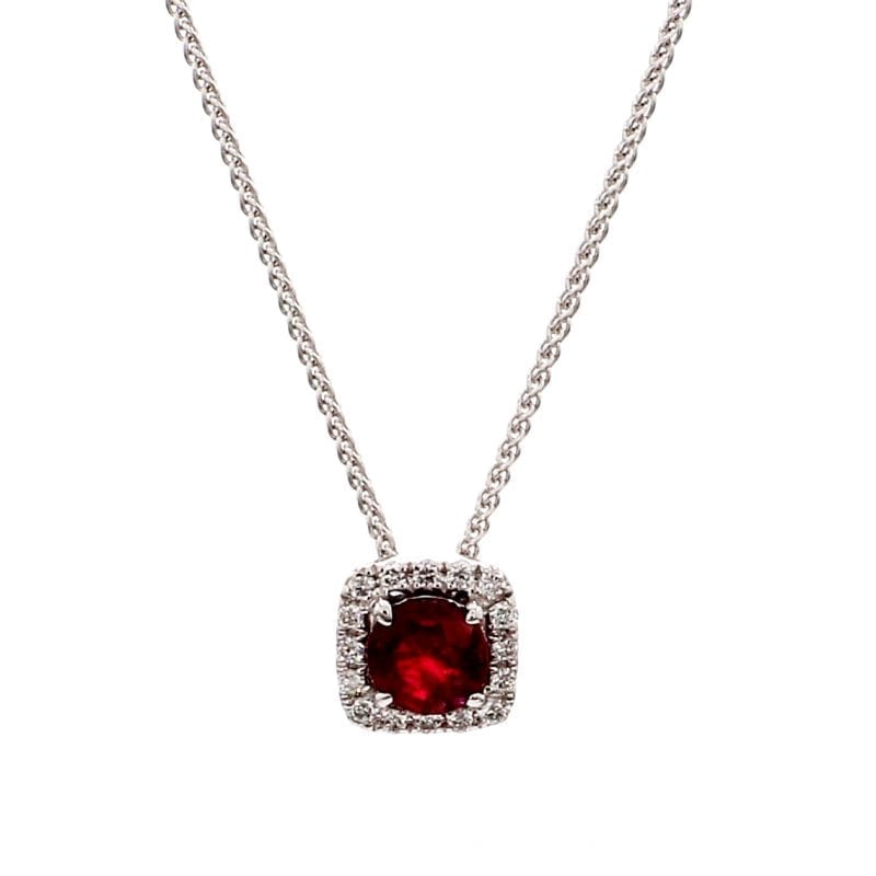 Ruby & Diamond Cushion Pendant Necklace in 14k White Gold