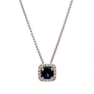 Sapphire & Diamond Halo Cushion Pendant Necklace in 14k White Gold