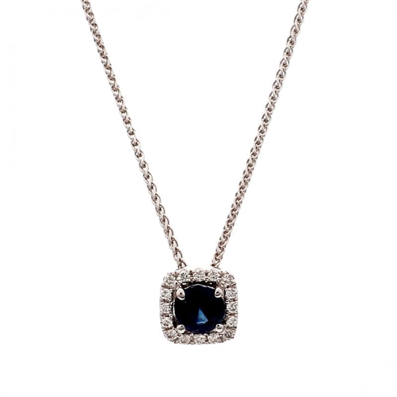 Sapphire & Diamond Halo Cushion Pendant Necklace in 14k White Gold