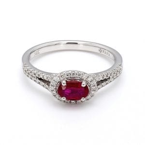 East-West Oval Ruby Ring with Diamonds in 14k White Gold