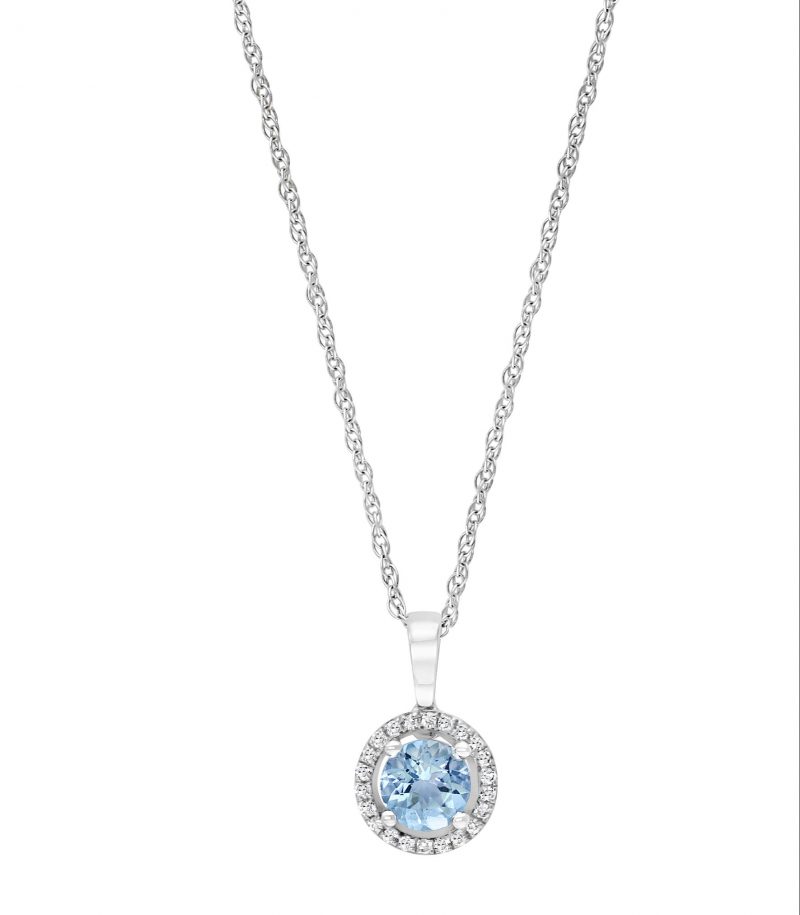 Aquamarine & Diamond Halo Pendant Necklace in 14k White Gold