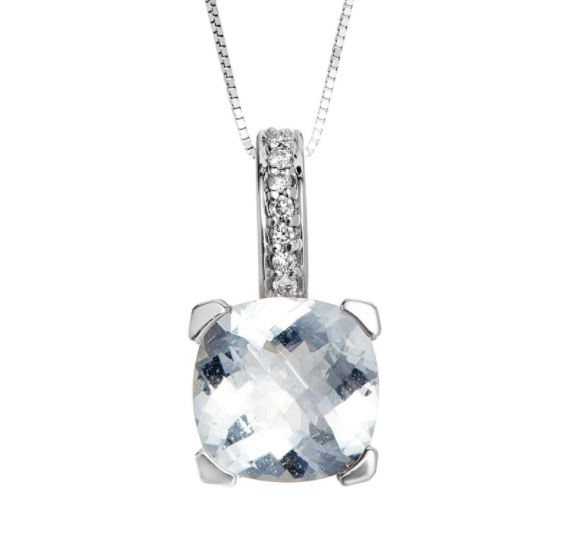 Aquamarine & Diamond Cushion Pendant Necklace in 14k White Gold