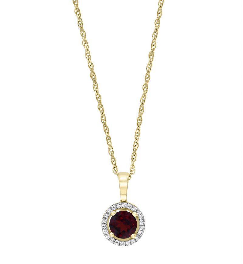 Garnet & Diamond Halo Pendant Necklace in 14k Yellow Gold