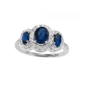 Sapphire & Diamond Halo Three Stone Ring in 14k White Gold