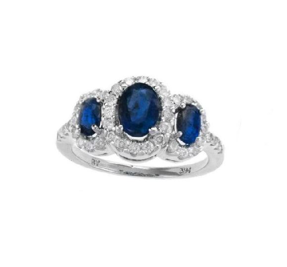 Sapphire & Diamond Halo Three Stone Ring in 14k White Gold