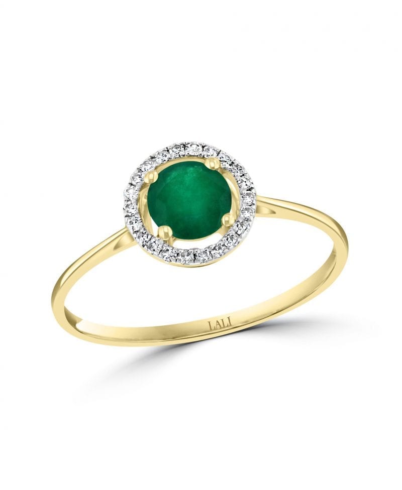 Emerald & Diamond Halo Ring in 14k Yellow Gold
