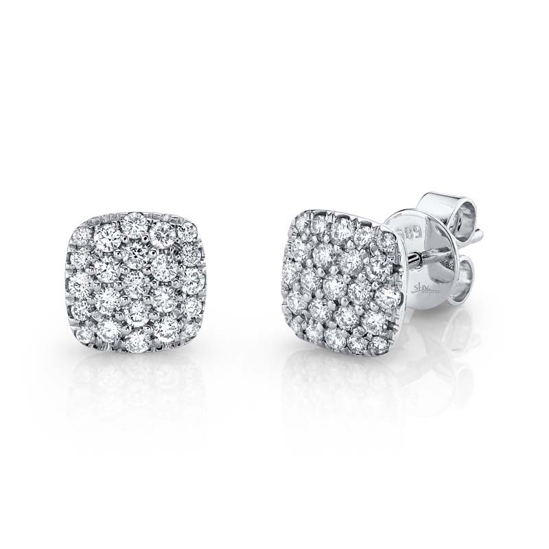 Pave Diamond Cushion Stud Earrings in 14k White Gold