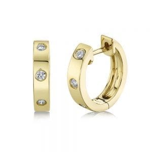 Three Stone Diamond Huggie Hoop Earrings in 14k Yellow Gold Earrings Bailey's Fine Jewelry