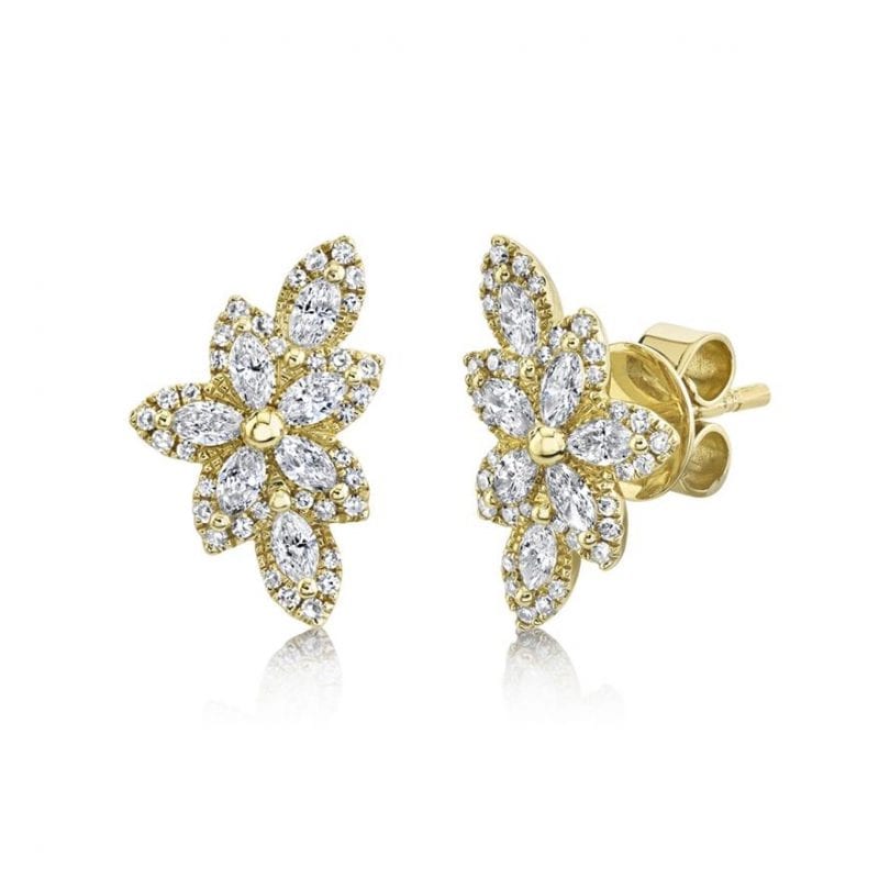 Diamond Flower Stud Earrings in 14k Yellow Gold