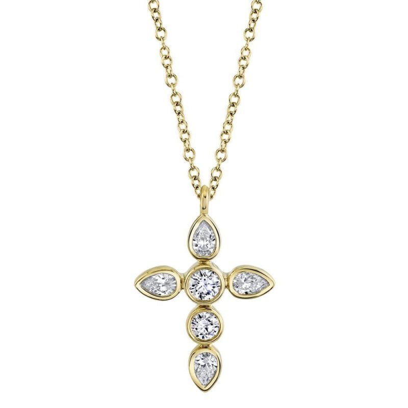 Pear Diamond Cross Pendant Necklace in 14k Yellow Gold