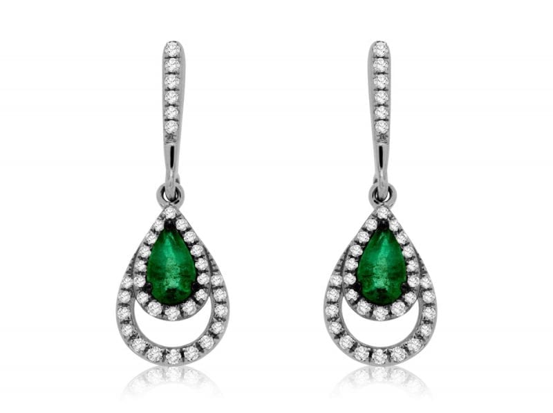 Pear Shaped Emerald & Diamond Double Halo Earrings in 14k White Gold