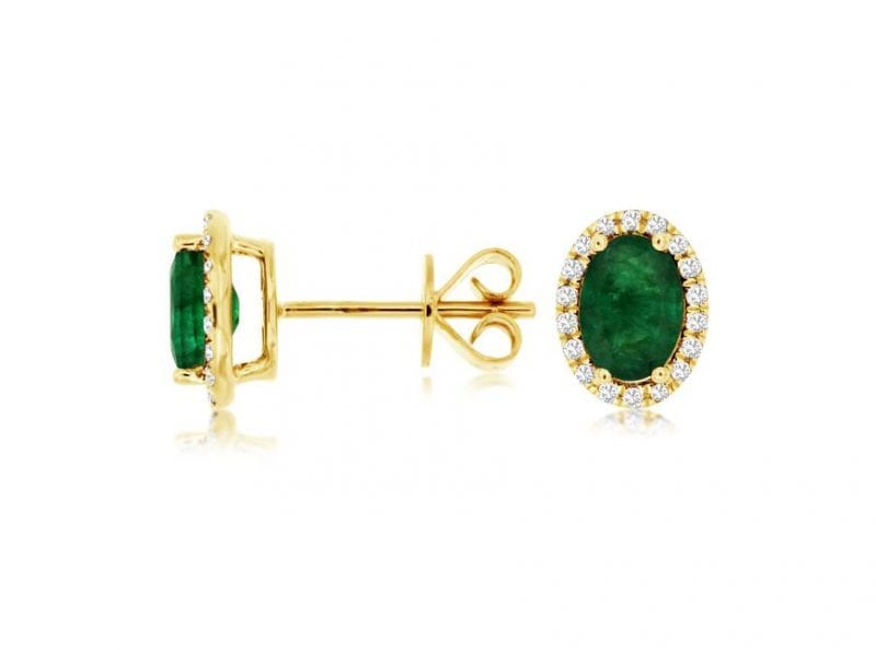 Oval Emerald & Diamond Halo Stud Earrings in 14k Yellow Gold