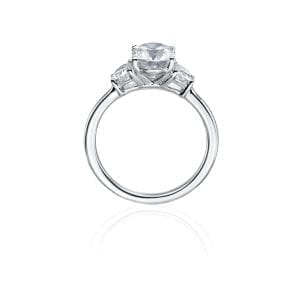 oval with halfmoon three stone engagement ring front standing view