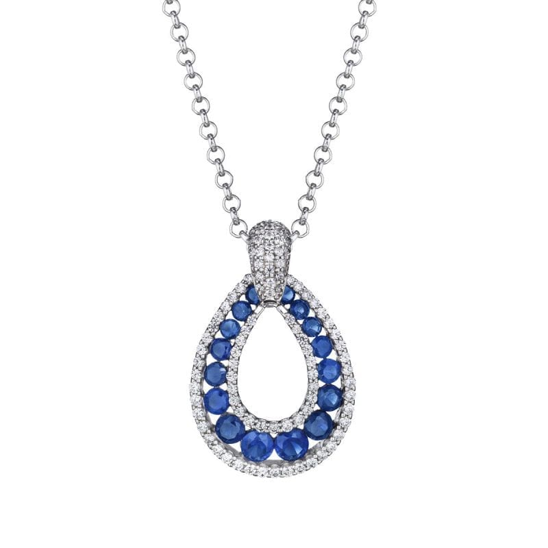 Sapphire & Diamond Open Teardrop Pendant Necklace in 14k White Gold