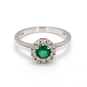Round Emerald & Diamond Halo Ring in 14k White Gold Fashion Rings Bailey's Fine Jewelry