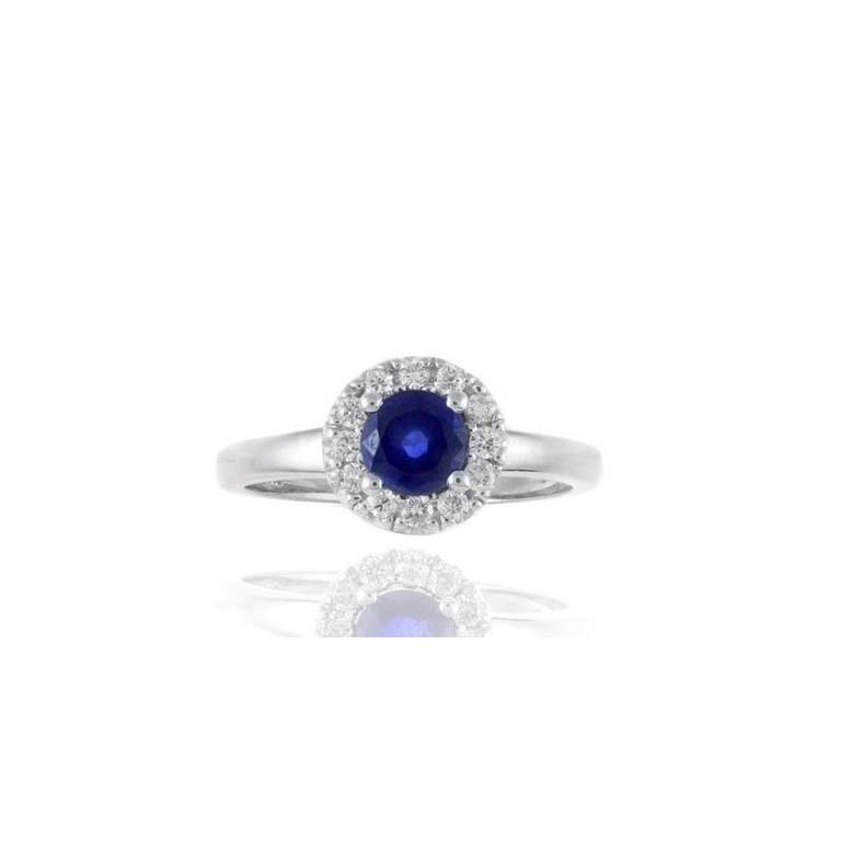 Round Sapphire & Diamond Halo Ring in 14k White Gold