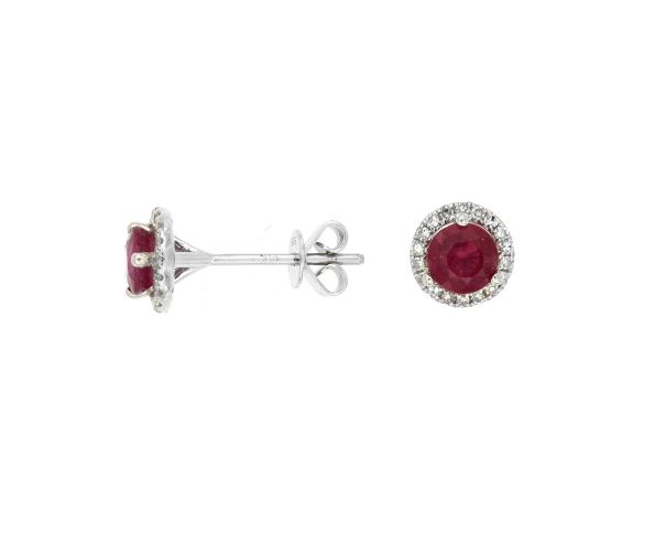 Ruby & Pave Diamond Halo Stud Earrings in 14k White Gold