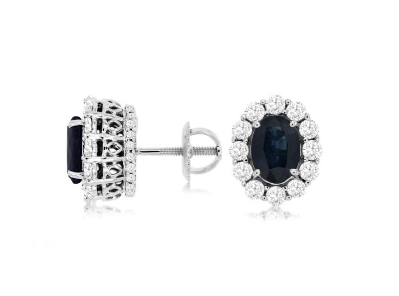 Midnight Sapphire & Diamond Halo Stud Earrings in 14k White Gold
