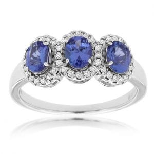 Diamond Halo & Tanzanite Three Stone Ring in 14k White Gold Fashion Rings Bailey's Fine Jewelry