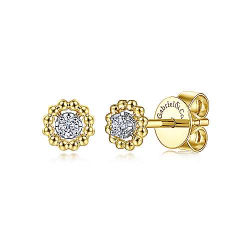 Beaded Halo Diamond Stud Earrings in 14k Yellow Gold