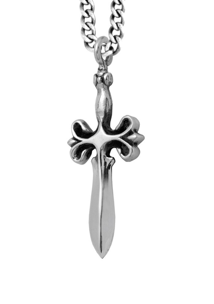 front angle view of silver dagger pendant