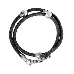 king_baby_bracelet_thin_double_wrap_black_leather_braided_bracelet_with_three_sterling_silver_skull_head_stations