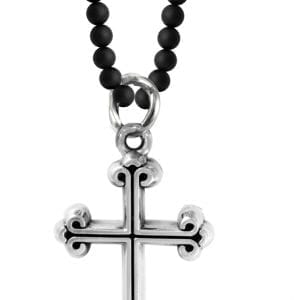 king_baby_necklace_sterling_silver_cross_pendant_hangs_from_3mm_black_onyx_bead_necklace_24in