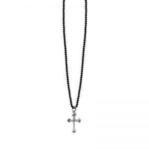 cross pendant on black strand of beads