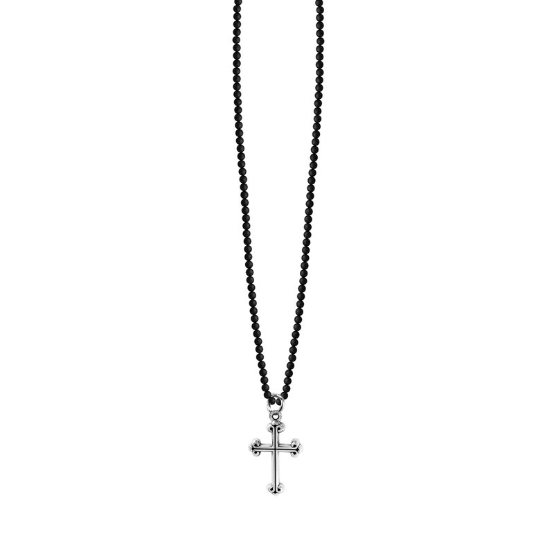 cross pendant on black strand of beads