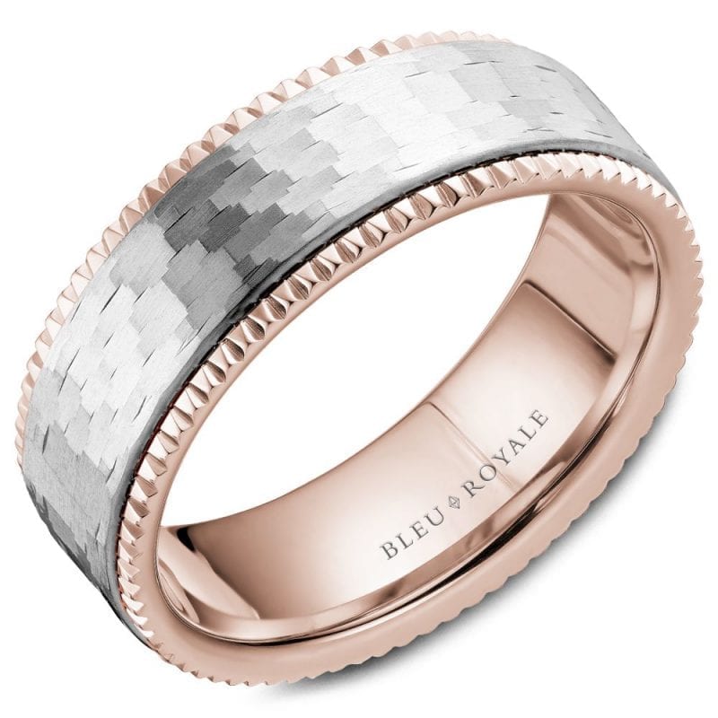 A Bleu Royale rose gold wedding band with a textured white gold center and milgrain detailing.