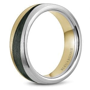 A brushed Bleu Royale yellow and white gold wedding band with black carbon accents