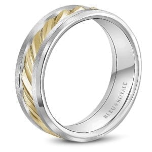Bleu Royale Brushed White Gold Wedding Band With Textured Yellow Gold Center