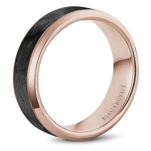A Bleu Royale rose gold wedding band with a black carbon center and beveled edges.
