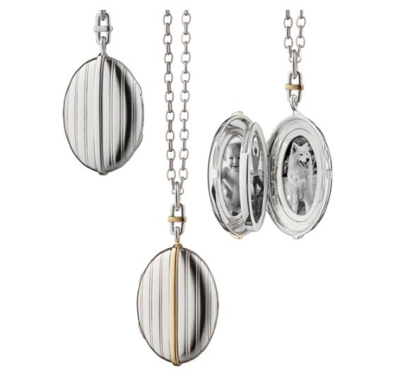 monica rich oval stripe locket shown three ways, back view, front view, and open view with black and white pictures of baby and dog