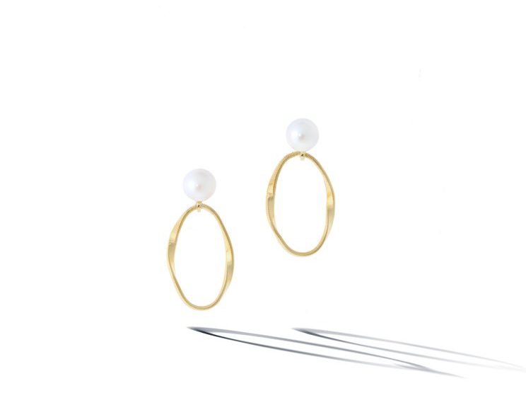 marco bicego yellow gold open teardrop earrings with pearl on top