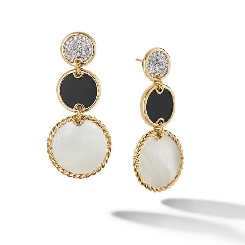 David Yurman Elements Triple Drop Earrings in 18K Yellow Gold with Mother of Pearl, Black Onyx and Pave Diamonds