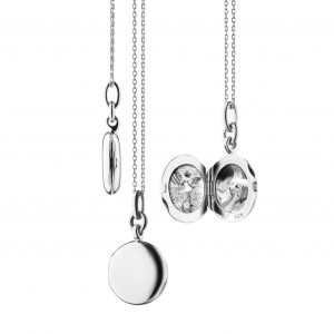monica rich sterling silver slim "nan" round locket shown in three separate views