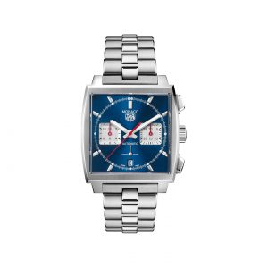Front face view of the Tag Heuer 39mm Automatic Chronograph Monaco Watch