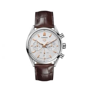 Front view of the Tag Heuer 42mm Automatic Chronograph Carrera Watch with leather strap