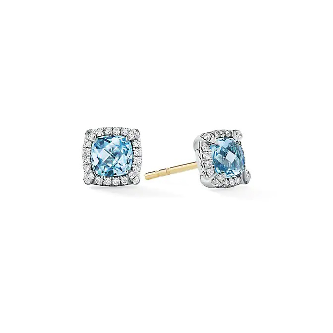 Petite Chatelaine Pave Bezel Stud Earrings with Blue Topaz and Diamonds