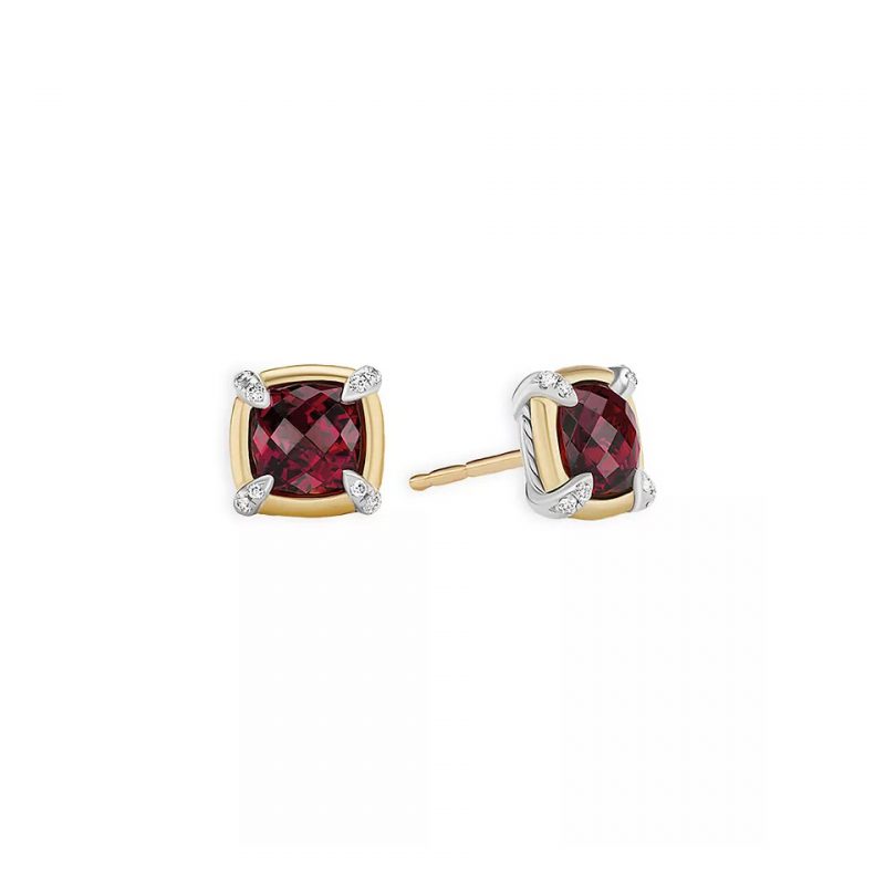Petite Chatelaine Stud Earrings with Garnet, 18K Yellow Gold Bezel and Pave Diamonds