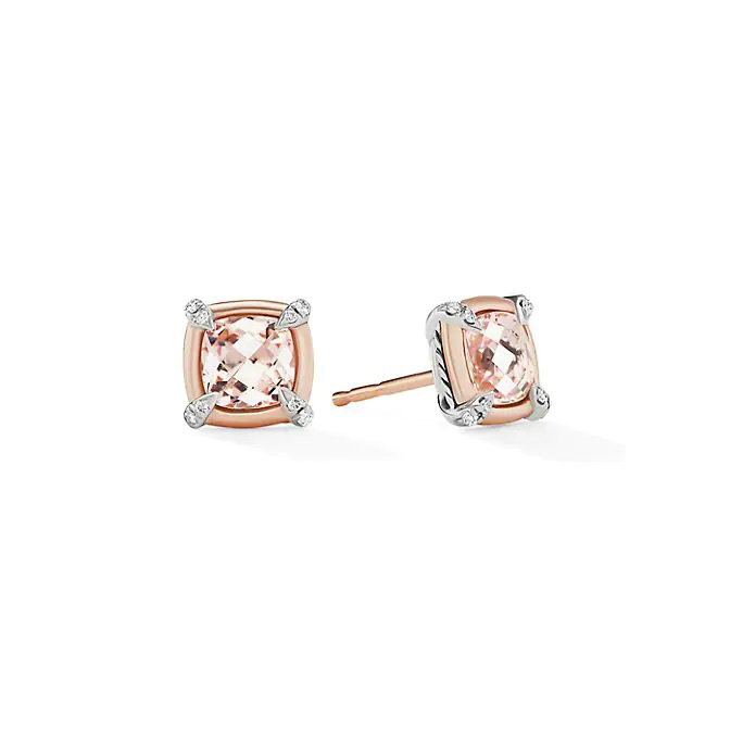 Petite Chatelaine Stud Earrings with Morganite, 18K Rose Gold Bezel and Pave Diamonds
