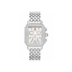 Michele Watch with white face measuring 33mm with diamond accents boarding the face of watch