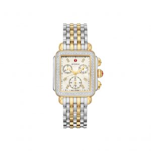 Michele two tone watch. Square face with pace diamonds boarding watch face.
