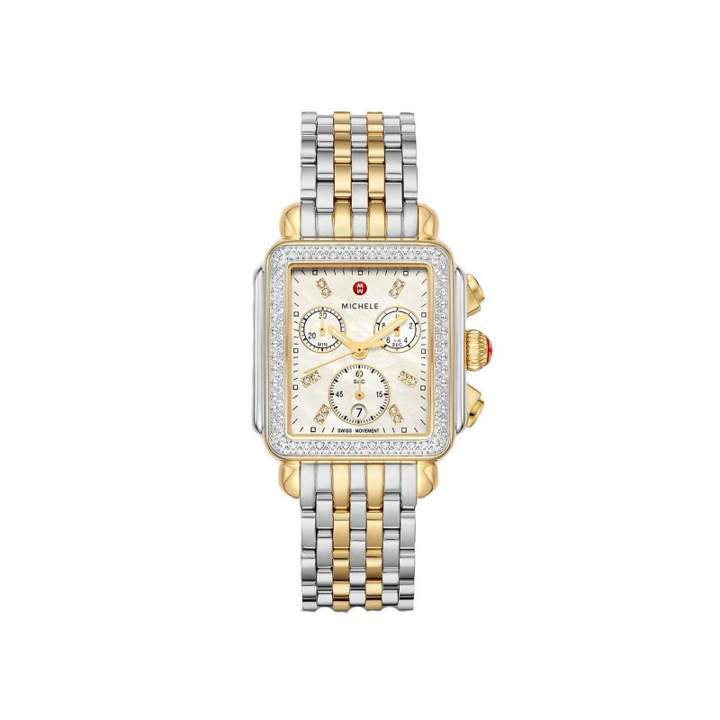 Michele two tone watch. Square face with pace diamonds boarding watch face.