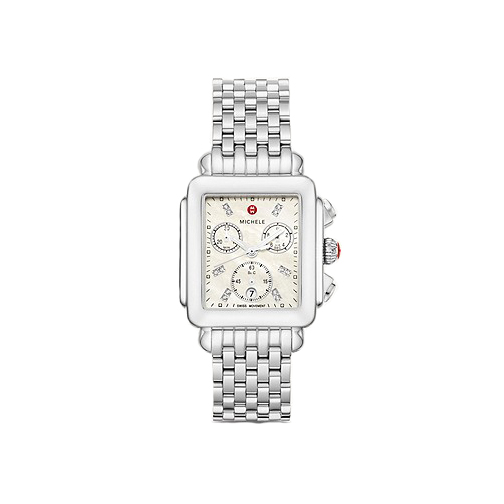 Michele watch with mother of pearl face in stainless steel strap.