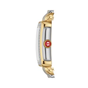 Side profile view of two tone Michele watch. Red dial mover embellishes watches side profile.