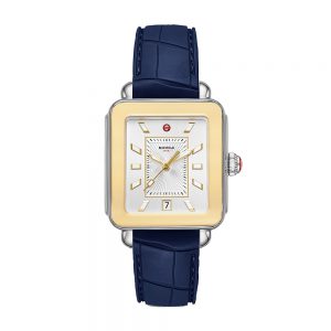 Michele Watch in stainless steel and yellow gold plate. Sport navy silicone strap with croc texture detailing.