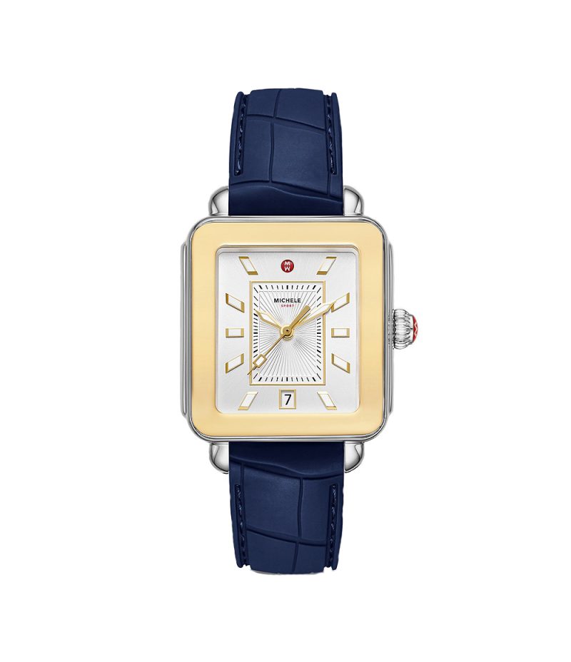 Michele Watch in stainless steel and yellow gold plate. Sport navy silicone strap with croc texture detailing.