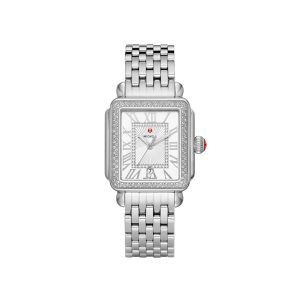 Michele watch with white face, roman numerals, and diamonds boarding the face.